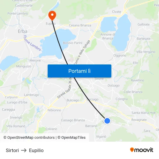 Sirtori to Eupilio map