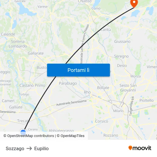 Sozzago to Eupilio map