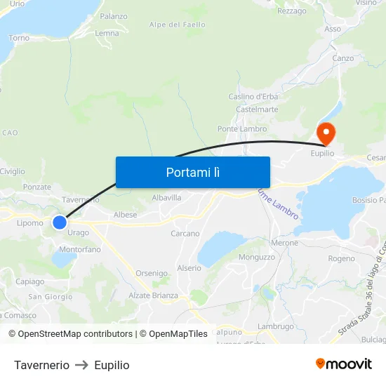Tavernerio to Eupilio map
