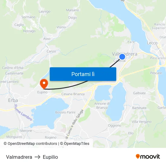 Valmadrera to Eupilio map