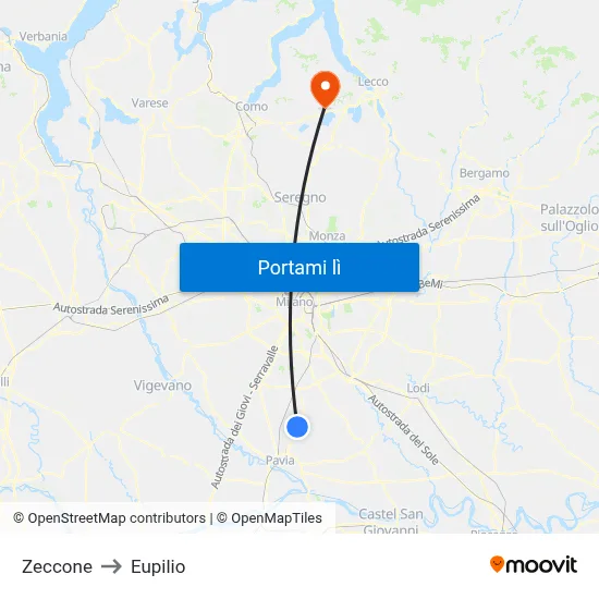 Zeccone to Eupilio map