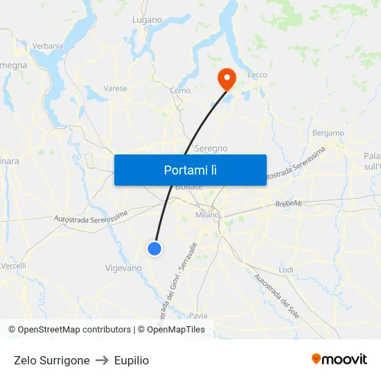 Zelo Surrigone to Eupilio map