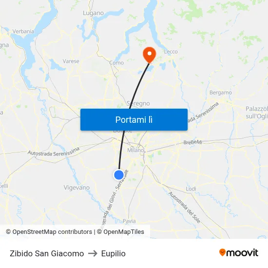 Zibido San Giacomo to Eupilio map