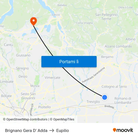 Brignano Gera D' Adda to Eupilio map