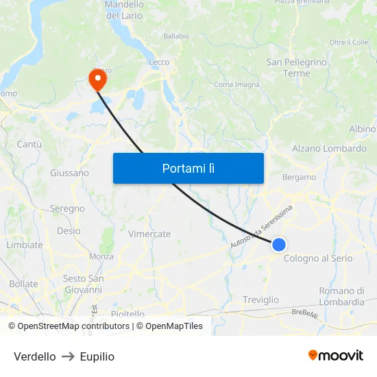 Verdello to Eupilio map
