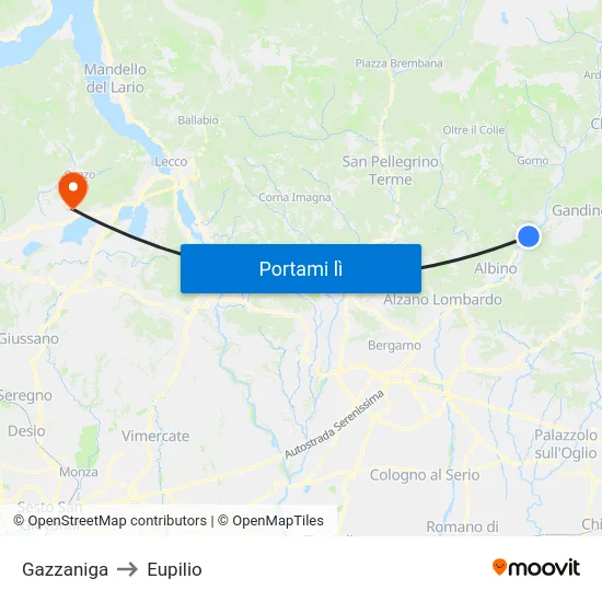 Gazzaniga to Eupilio map