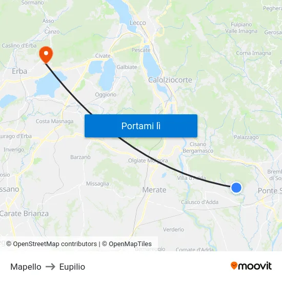 Mapello to Eupilio map