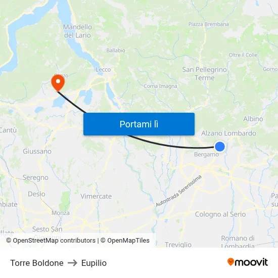 Torre Boldone to Eupilio map