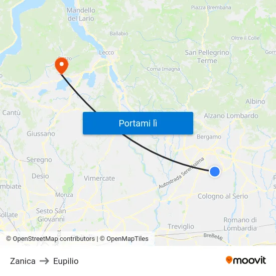 Zanica to Eupilio map