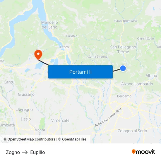 Zogno to Eupilio map