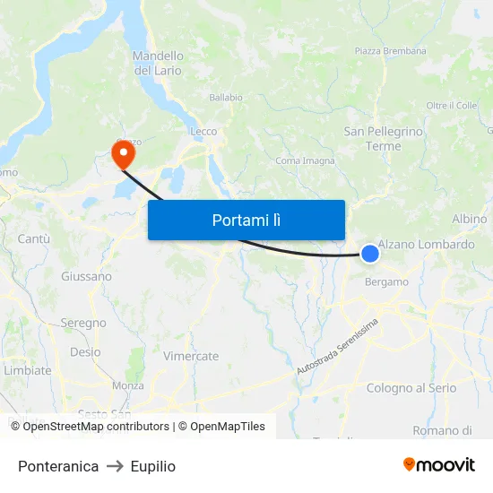 Ponteranica to Eupilio map