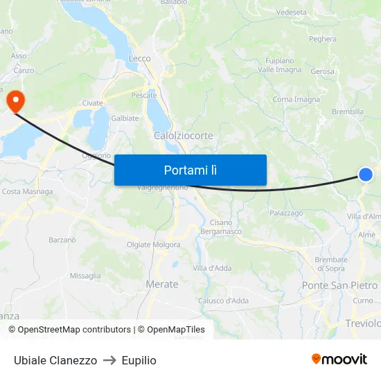 Ubiale Clanezzo to Eupilio map