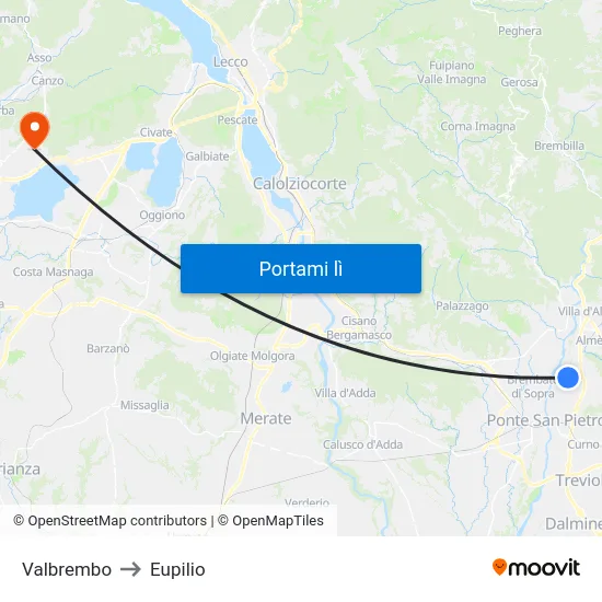 Valbrembo to Eupilio map