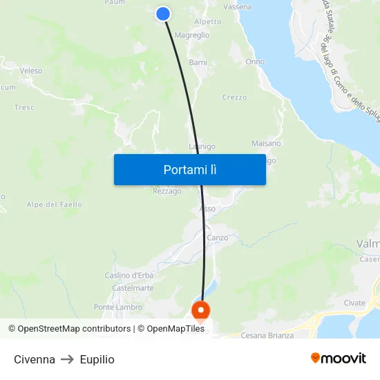 Civenna to Eupilio map