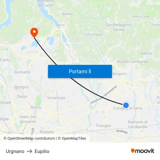 Urgnano to Eupilio map
