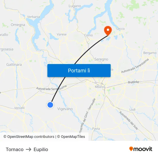 Tornaco to Eupilio map