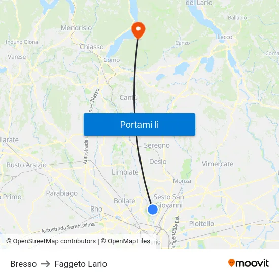 Bresso to Faggeto Lario map