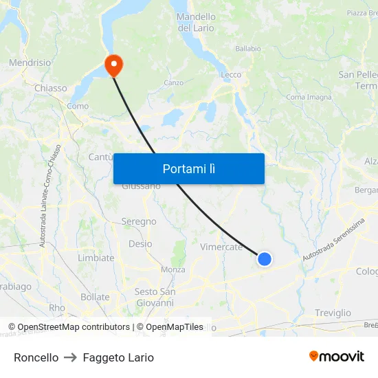 Roncello to Faggeto Lario map