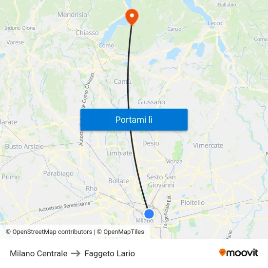 Milano Centrale to Faggeto Lario map