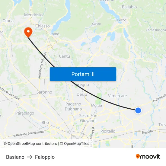 Basiano to Faloppio map