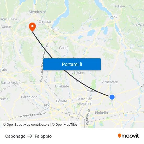 Caponago to Faloppio map