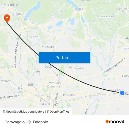 Caravaggio to Faloppio map