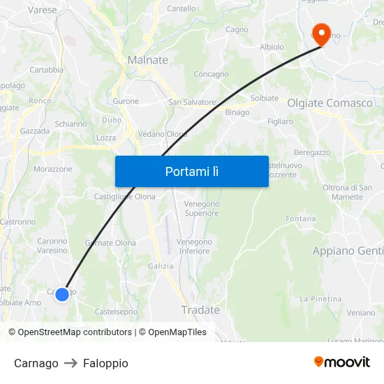 Carnago to Faloppio map