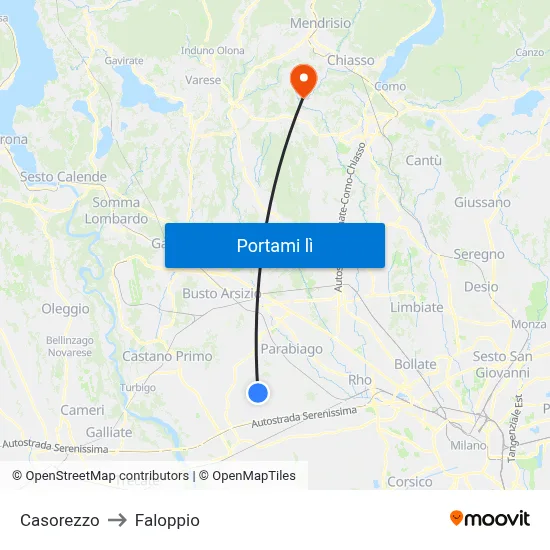 Casorezzo to Faloppio map