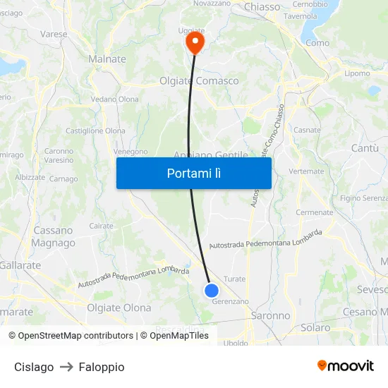 Cislago to Faloppio map