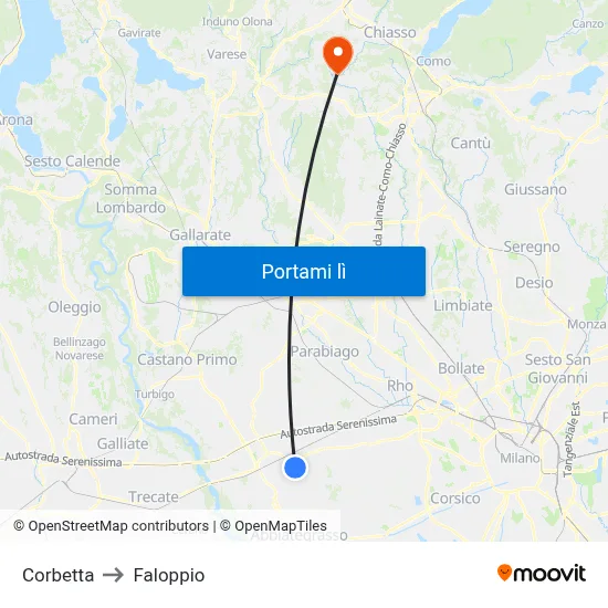 Corbetta to Faloppio map