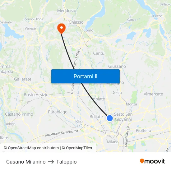 Cusano Milanino to Faloppio map