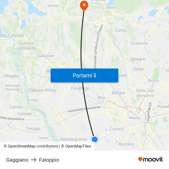 Gaggiano to Faloppio map