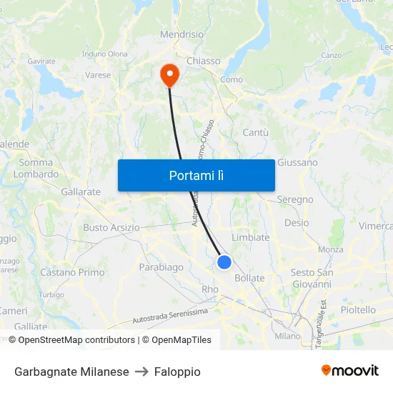 Garbagnate Milanese to Faloppio map