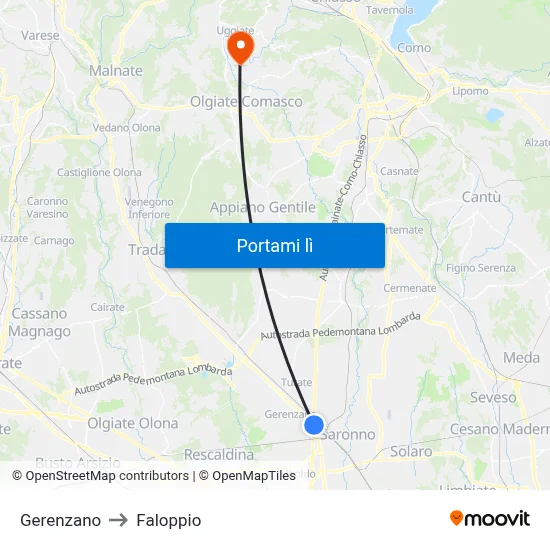 Gerenzano to Faloppio map