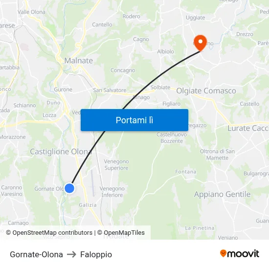 Gornate-Olona to Faloppio map