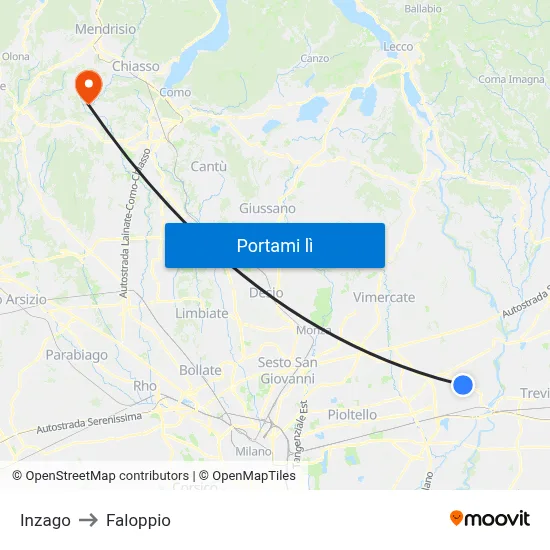 Inzago to Faloppio map