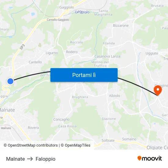 Malnate to Faloppio map