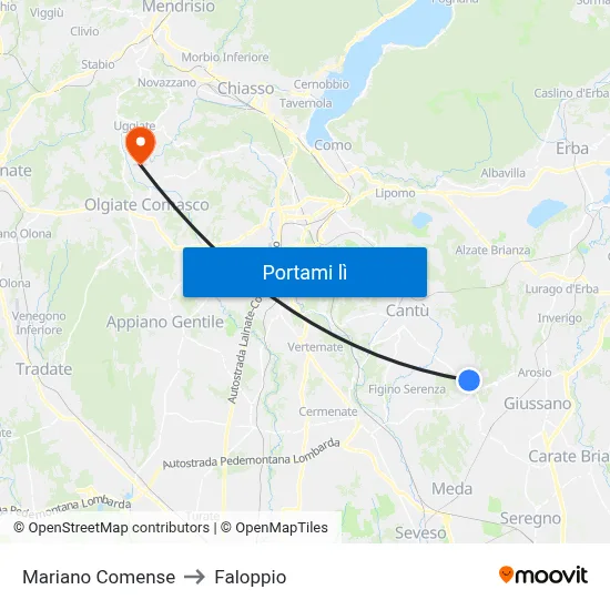 Mariano Comense to Faloppio map