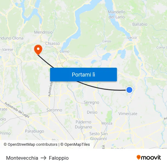 Montevecchia to Faloppio map