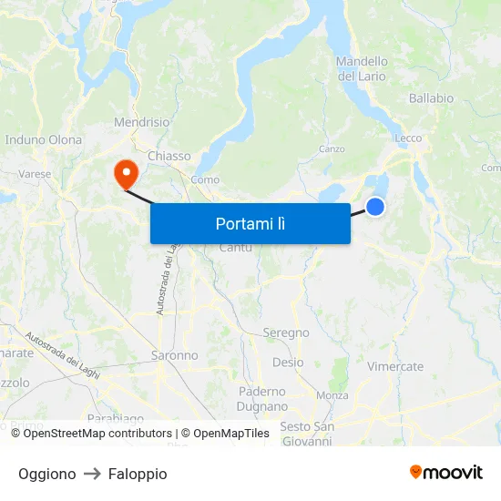 Oggiono to Faloppio map