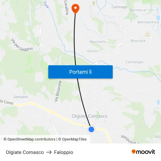 Olgiate Comasco to Faloppio map