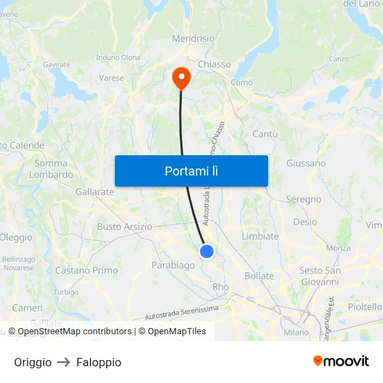 Origgio to Faloppio map