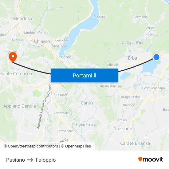 Pusiano to Faloppio map