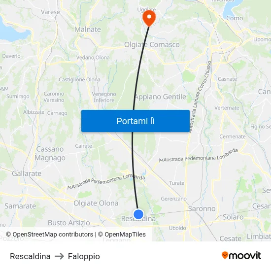 Rescaldina to Faloppio map