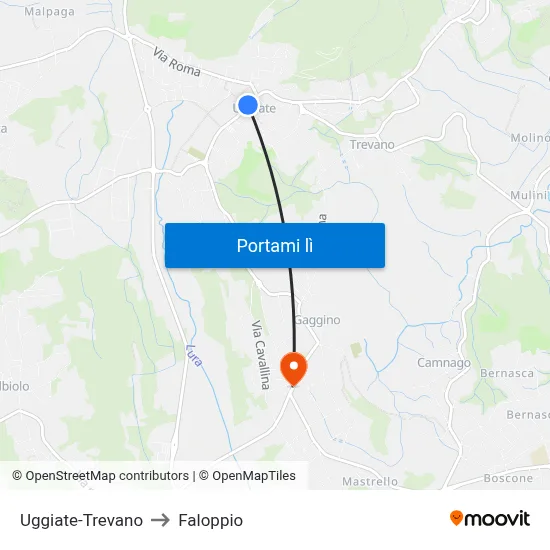 Uggiate-Trevano to Faloppio map