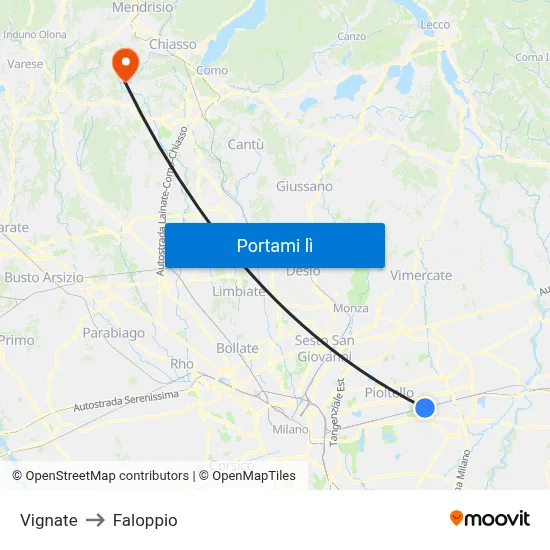 Vignate to Faloppio map