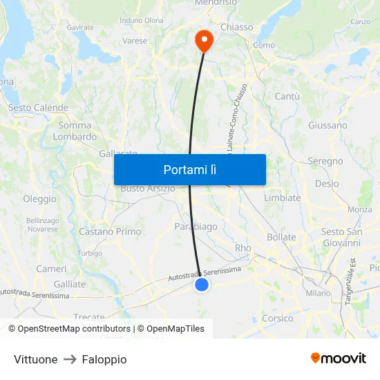 Vittuone to Faloppio map