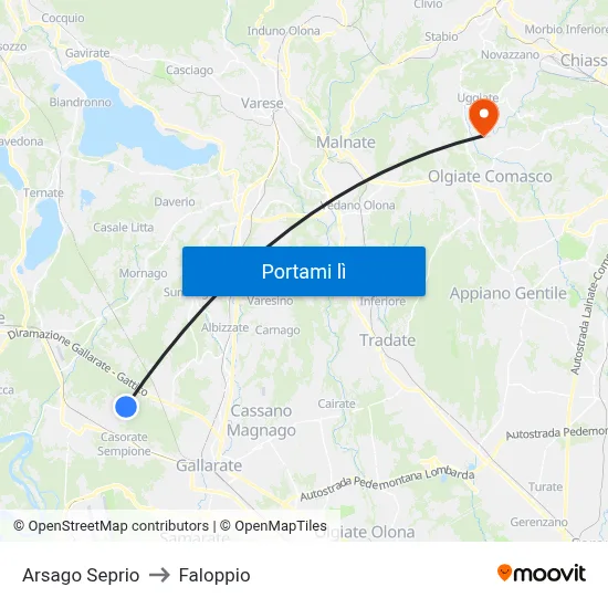 Arsago Seprio to Faloppio map