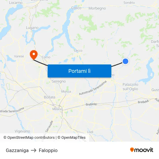 Gazzaniga to Faloppio map