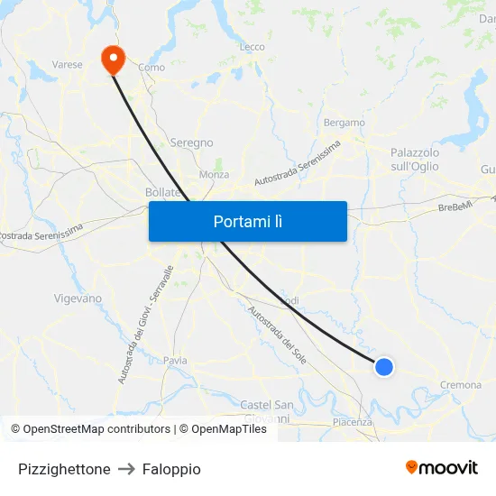 Pizzighettone to Faloppio map